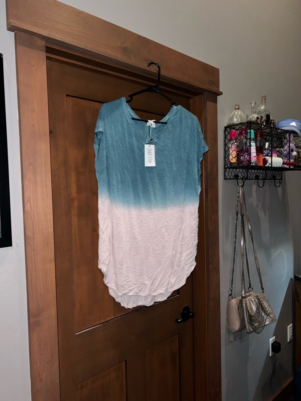 L Love Oversized Tee-Gathered in the Back-Blue/Pink Ombré